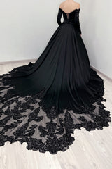 Black Off The Shoulder Satin Ball Gown Chapel Train Wedding Dress with Lace Appliques and Long Sleeves Back View