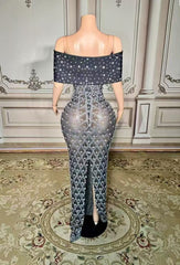 Black Off The Shoulder Sequin Mermaid Long Evening Dress Back View