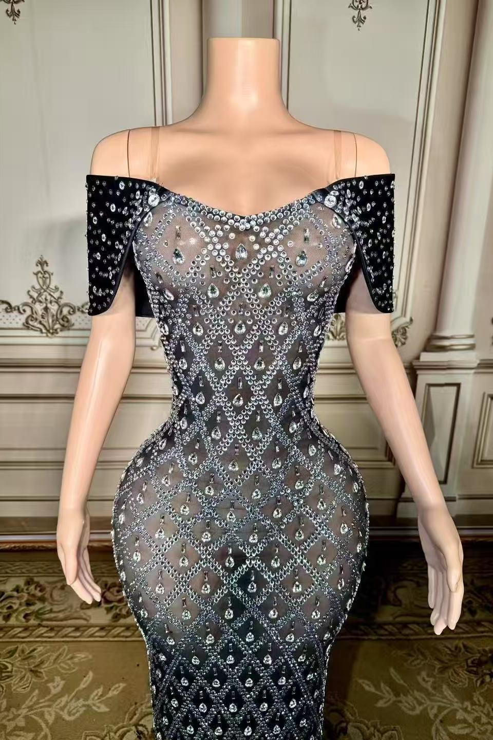 Black Off The Shoulder Sequin Mermaid Long Evening Dress Bodice Detail