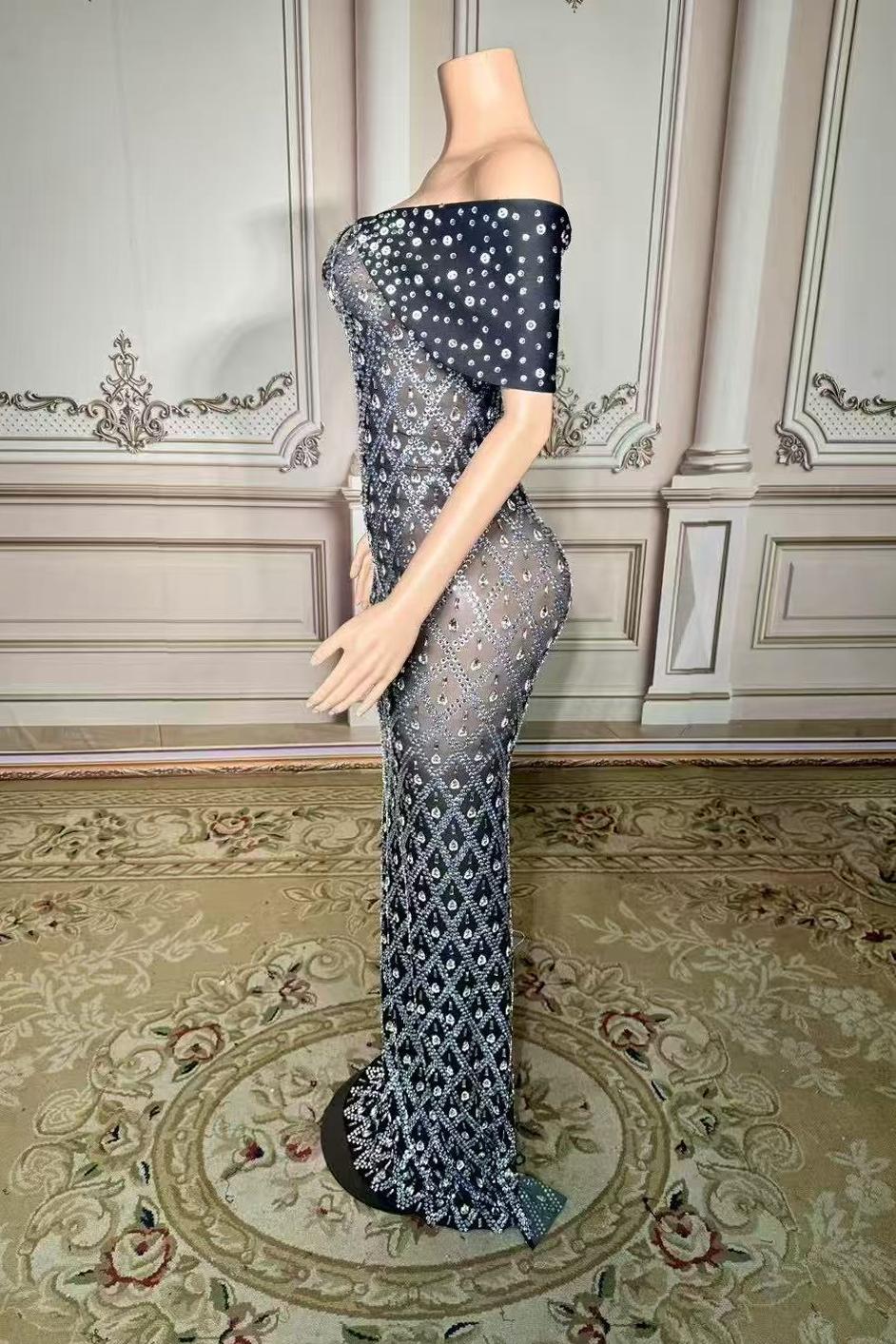 Black Off The Shoulder Sequin Mermaid Long Evening Dress Side View