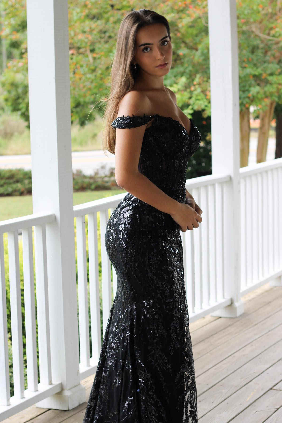 Black Off The Shoulder Sequin Mermaid Long Prom Dress with Slit Side View