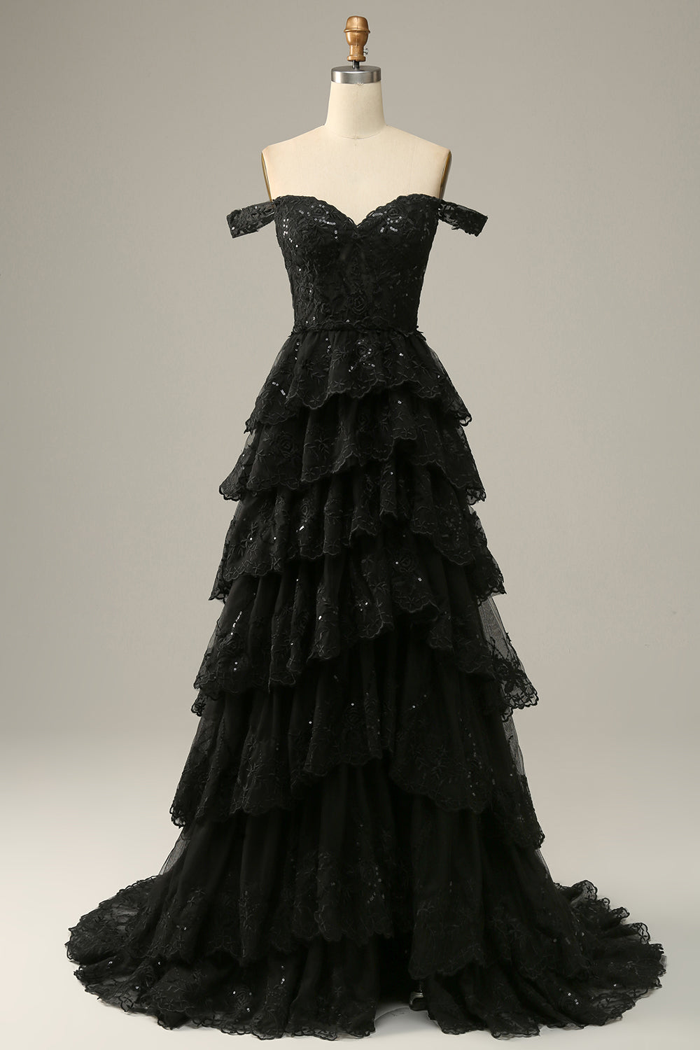 Black Off The Shoulder Tulle A-Line Long Prom Dress with Slit