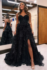 Black Off The Shoulder Tulle A-Line Long Prom Dress with Slit and Lace Appliques
