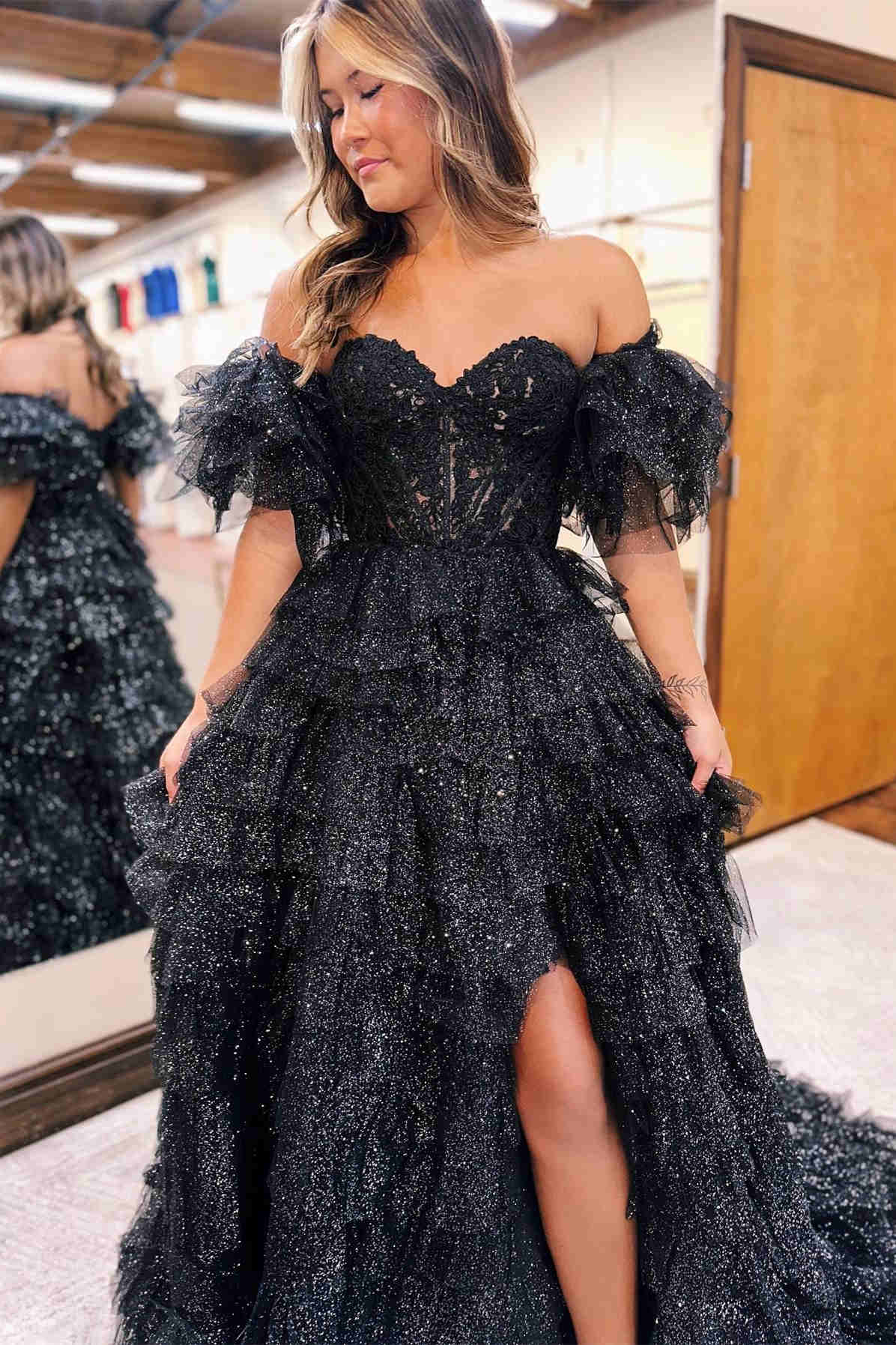 Black Off The Shoulder Tulle A-Line Long Prom Dress with Slit and Lace Appliques