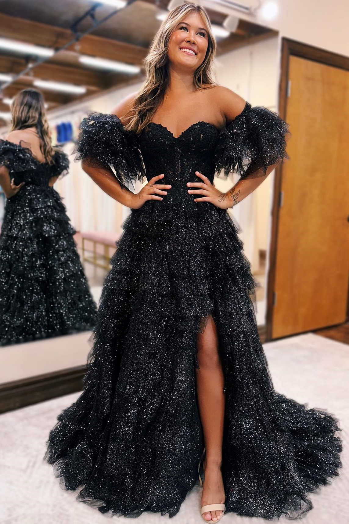 Black Off The Shoulder Tulle A-Line Long Prom Dress with Slit and Lace Appliques