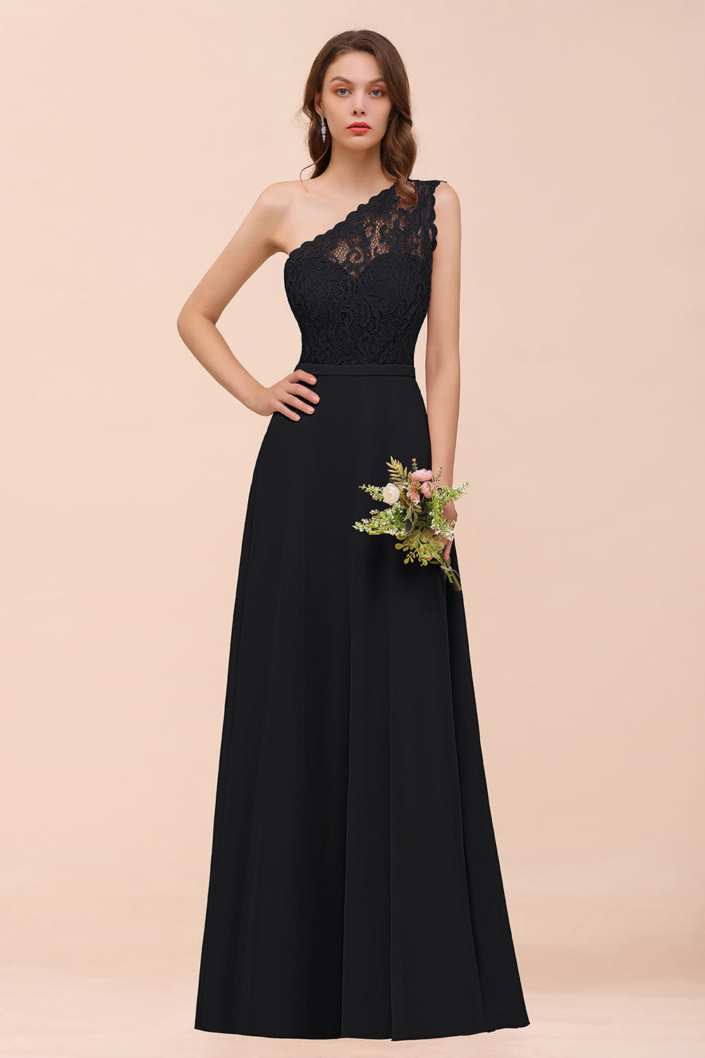 Black One Shoulder Chiffon A-Line Long Bridesmaid Dress