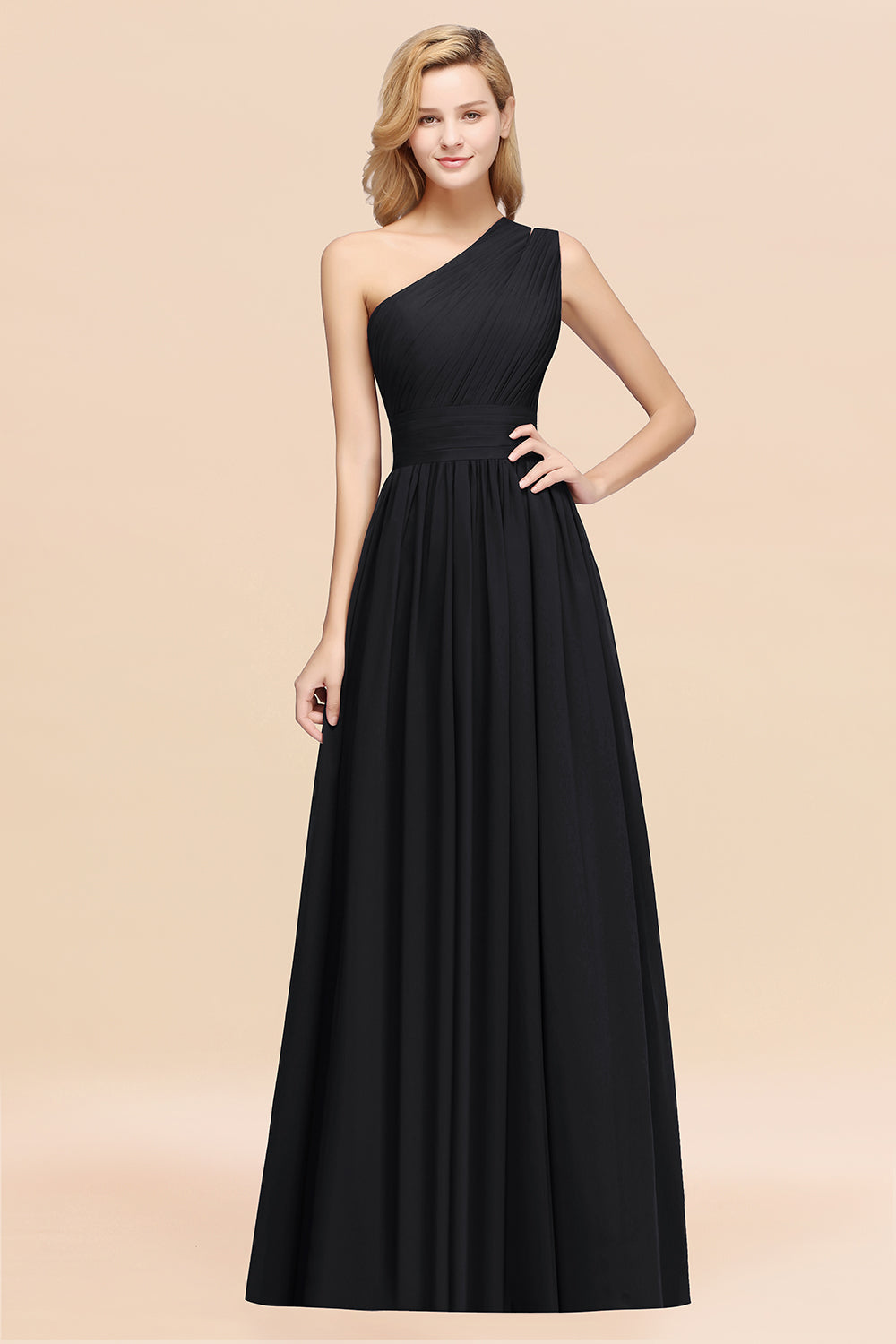 Black One Shoulder Chiffon A-Line Long Bridesmaid Dress