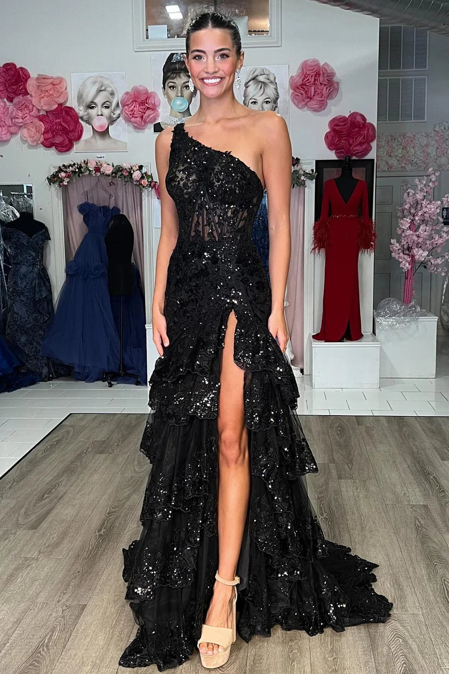 Black One Shoulder Tulle A-Line Long Prom Dress with Slit