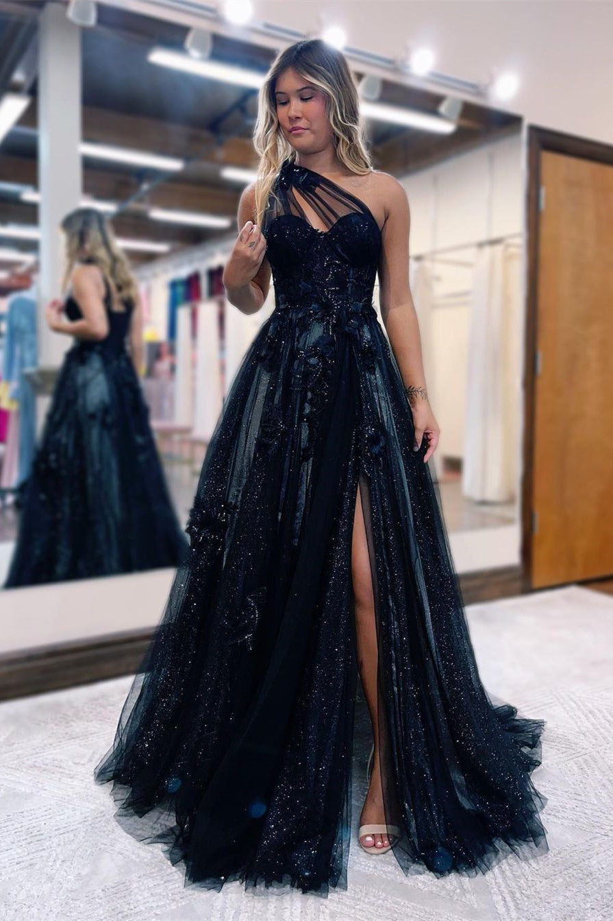 Black One Shoulder Tulle A-Line Long Prom Dress with Slit