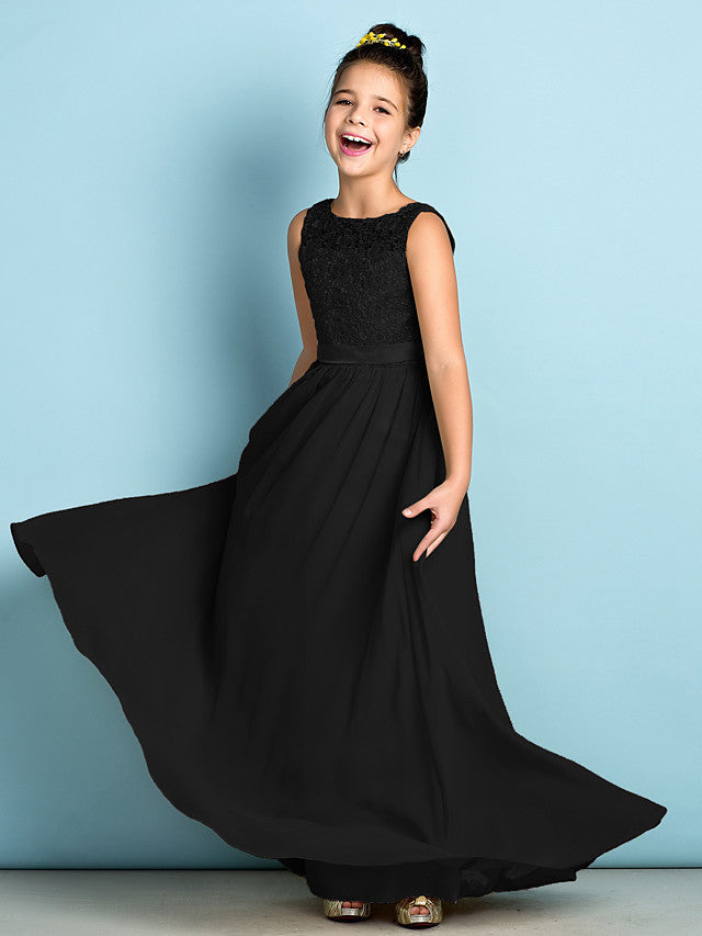 Black Scoop Neck Chiffon A-Line Flower Girl Dress