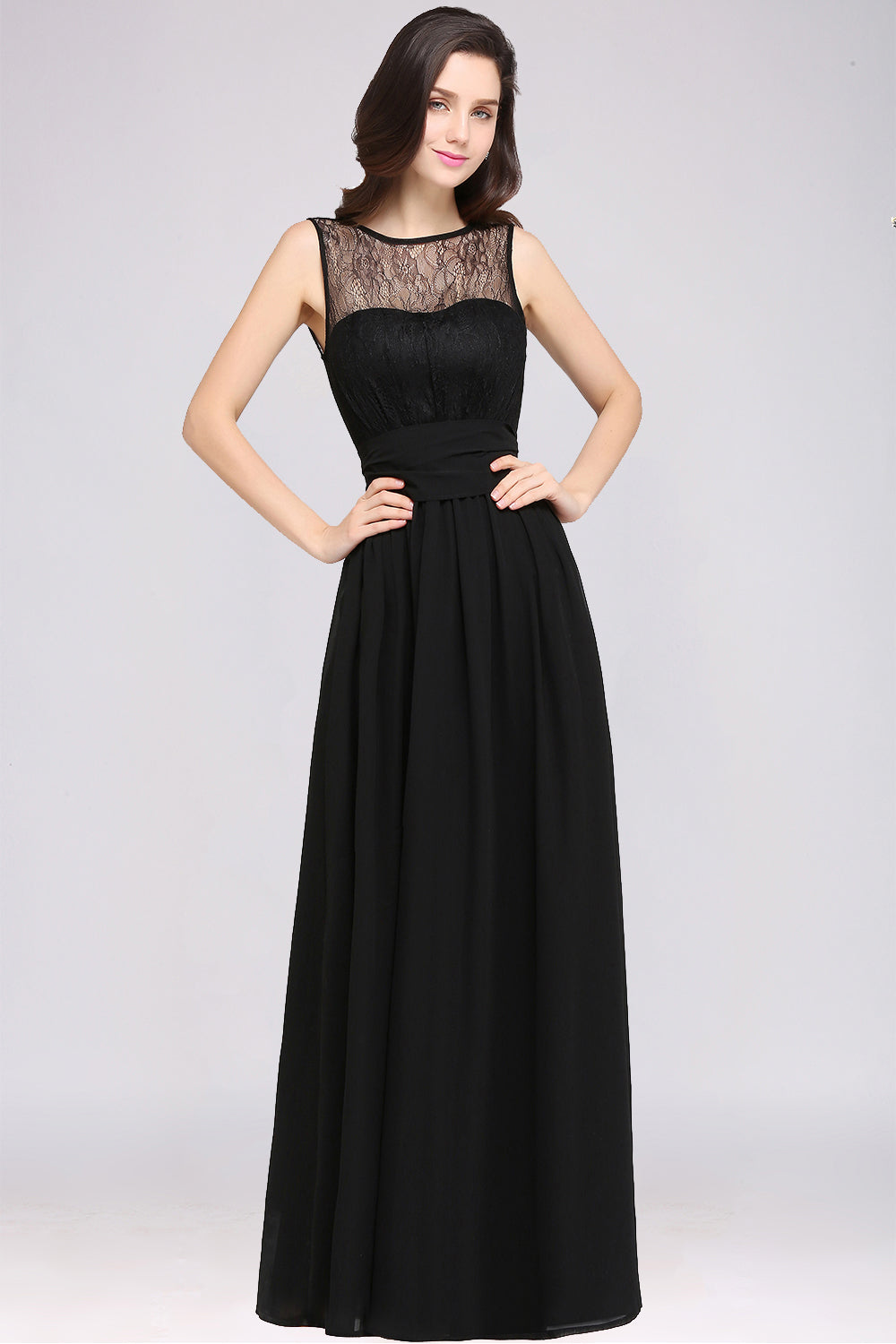 Black Scoop Neck Chiffon A-Line Long Bridesmaid Dress