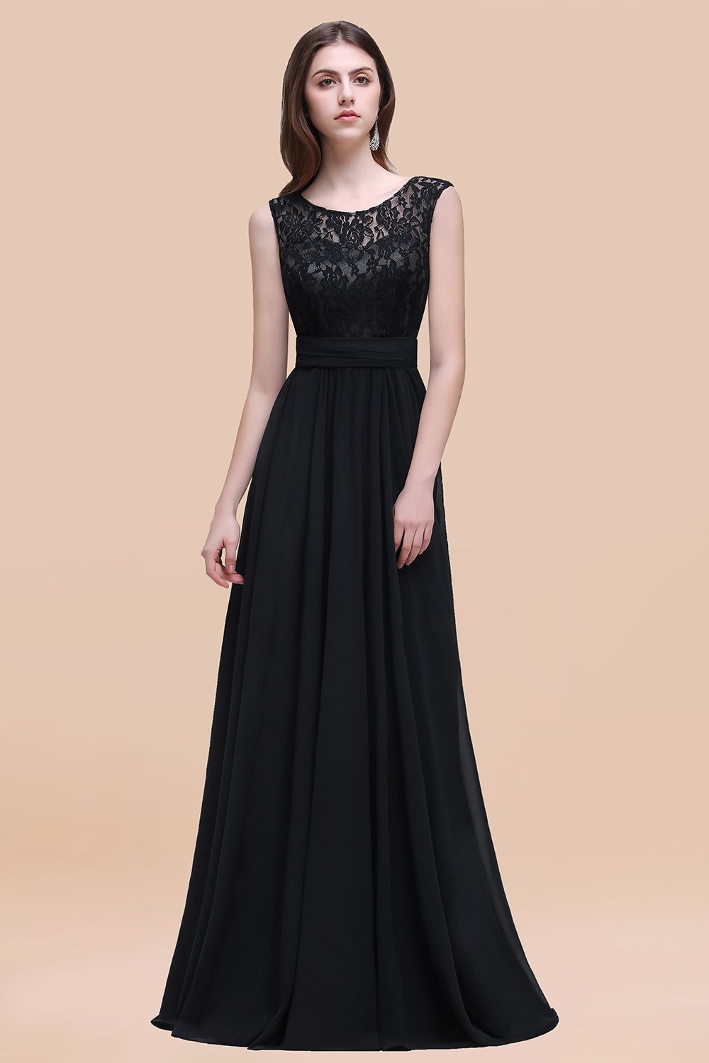 Black Scoop Neck Chiffon A-Line Long Bridesmaid Dress