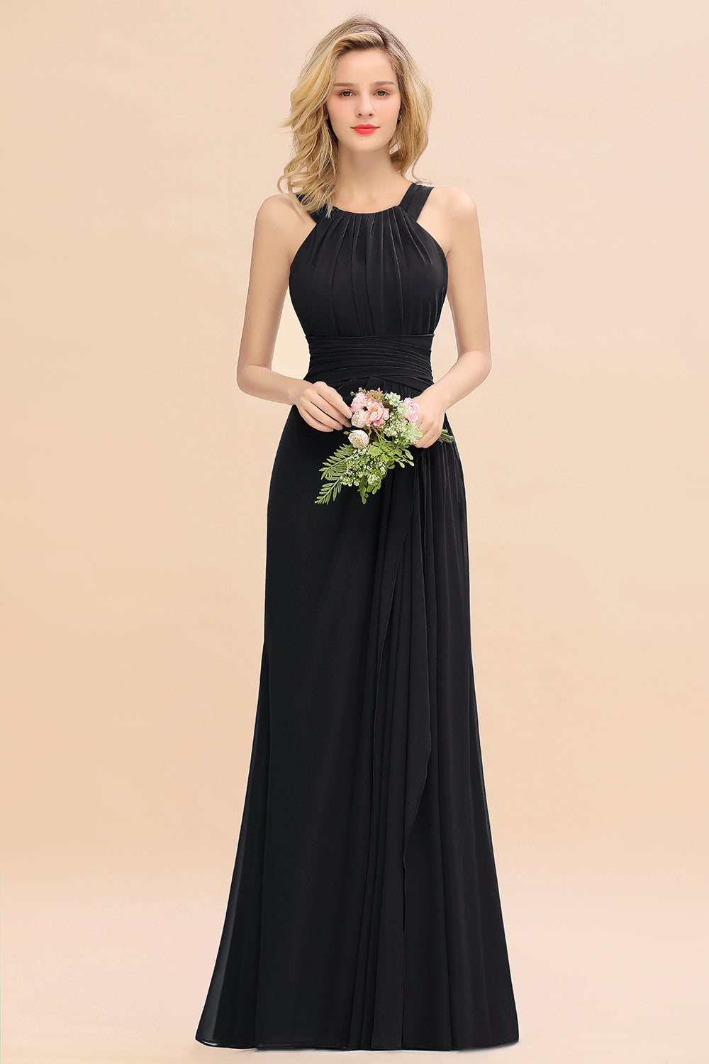 Black Scoop Neck Chiffon A-Line Long Bridesmaid Dress