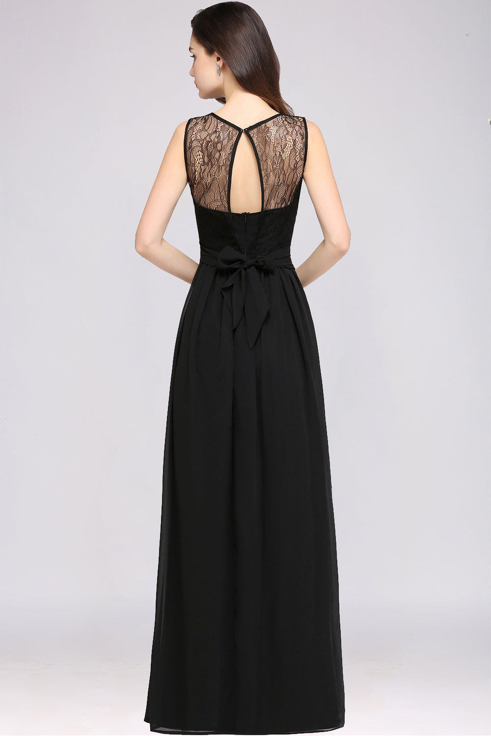 Black Scoop Neck Chiffon A-Line Long Bridesmaid Dress Back View