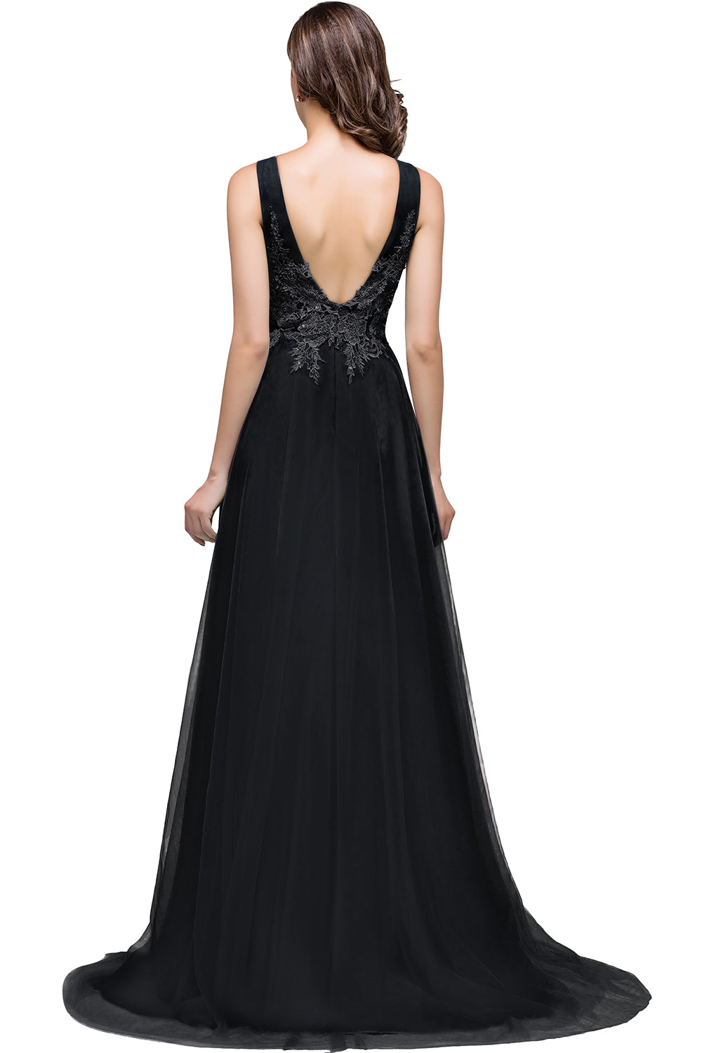 Black Scoop Neck Tulle A-Line Long Bridesmaid Dress Back View