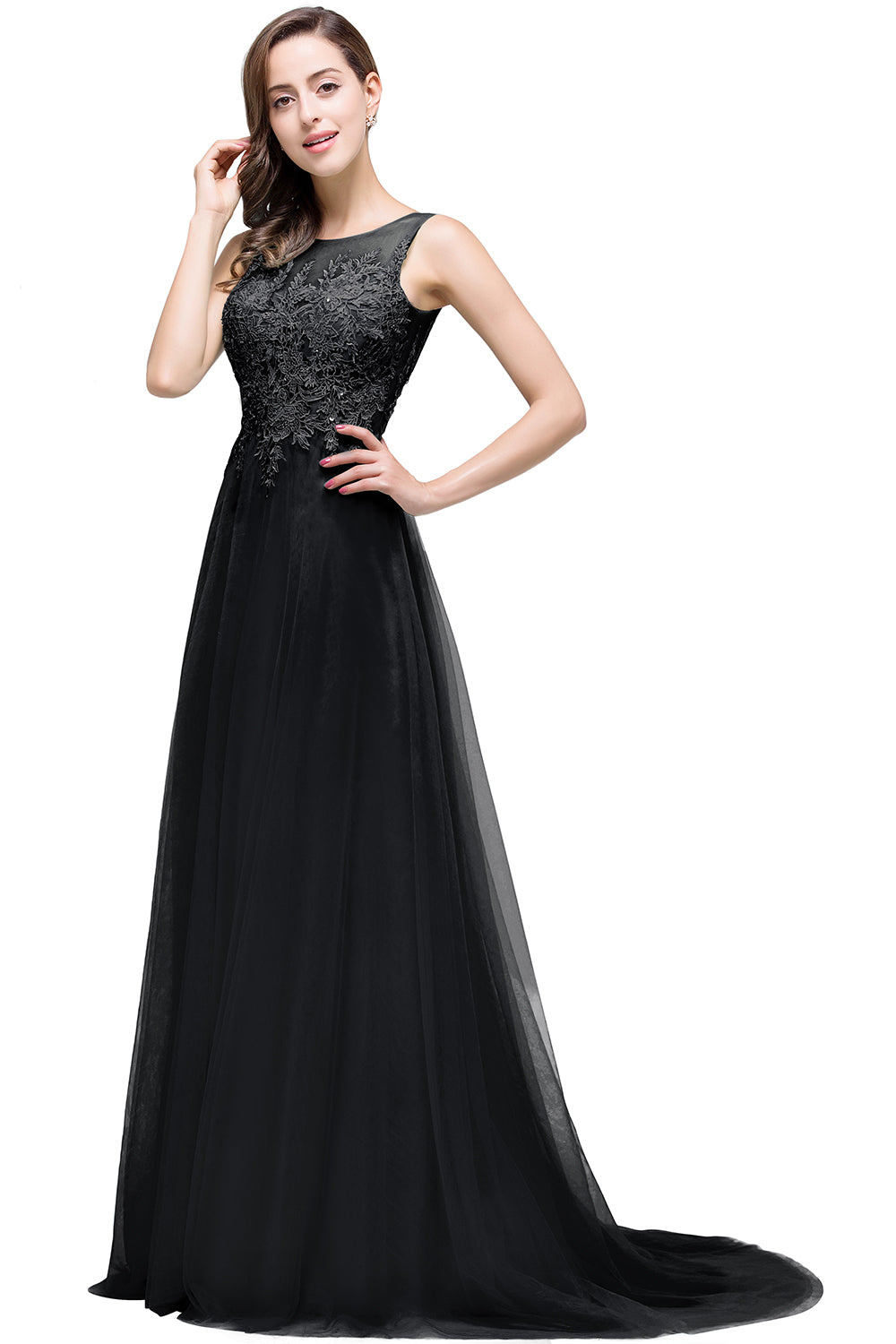 Black Scoop Neck Tulle A-Line Long Bridesmaid Dress
