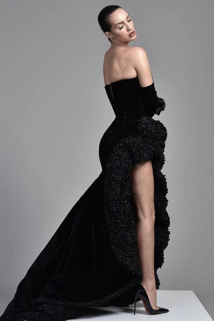 Black Strapless Long Evening Dress with Corset Bodice and Slit Side View