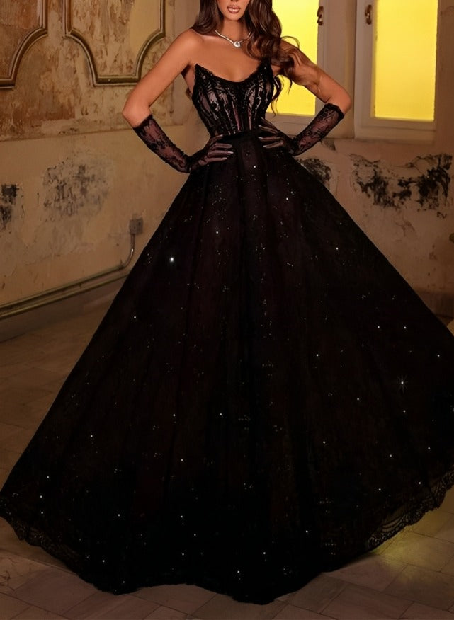 Black Strapless Sequin Ball Gown Long Prom Dress with Corset Bodice