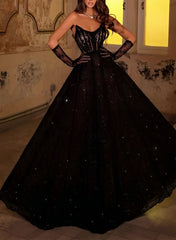 Black Strapless Sequin Ball Gown Long Prom Dress with Corset Bodice