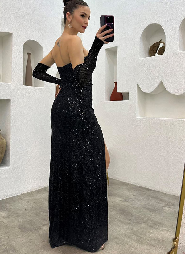 Black Strapless Sequin Sheath Long Prom Dress with Slit Back View