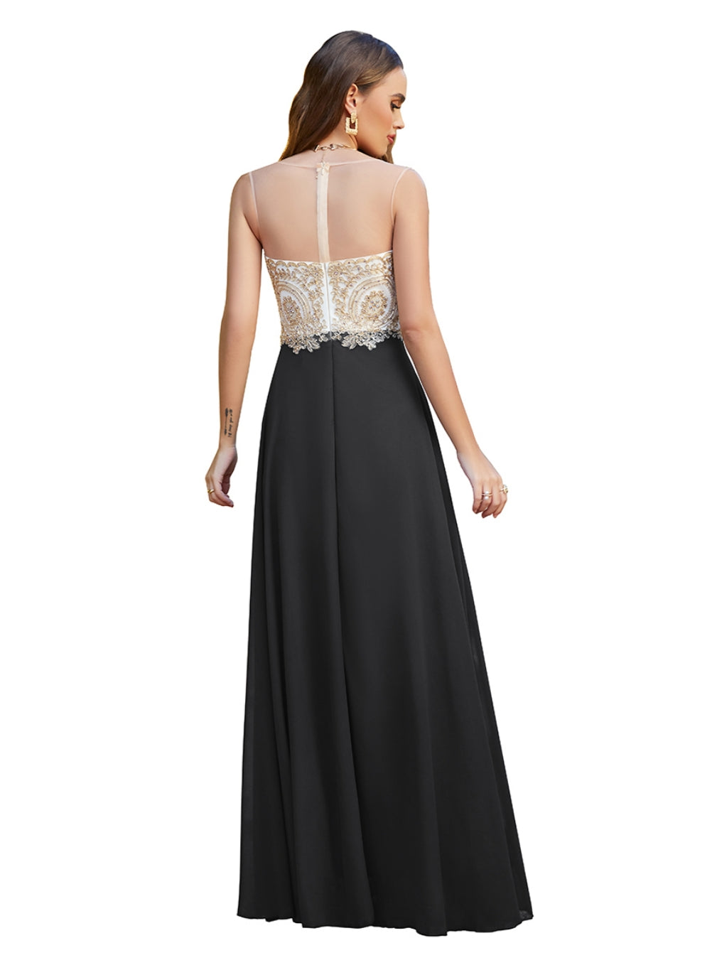 Black Sweetheart Chiffon A-Line Long Bridesmaid Dress Back View