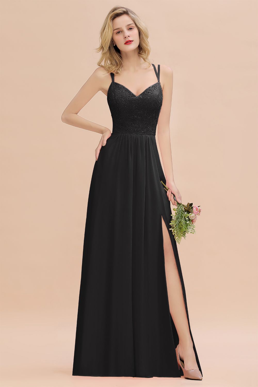Black Sweetheart Chiffon A-Line Long Bridesmaid Dress with Slit