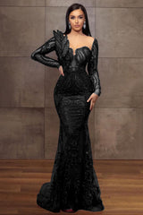 Black Sweetheart Sequin Mermaid Long Evening Dress with Long Sleeves
