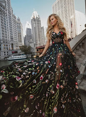 Black Sweetheart Tulle A-Line Long Prom Dress with Floral Details