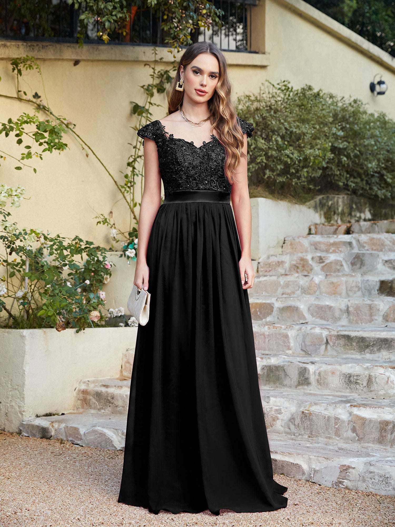 Black V-Neck A-Line Long Bridesmaid Dress with Lace Appliques