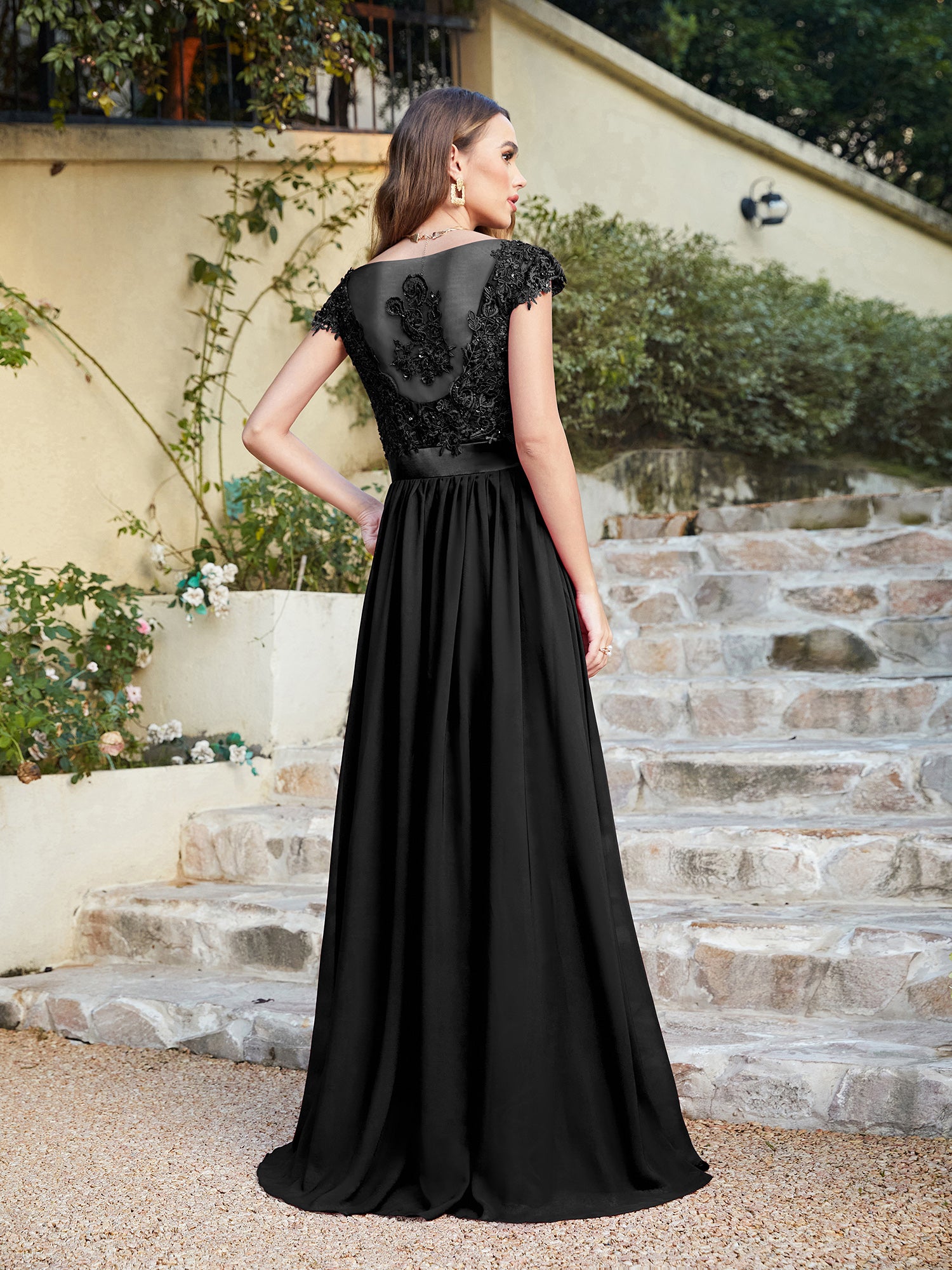Black V-Neck A-Line Long Bridesmaid Dress with Lace Appliques Back View