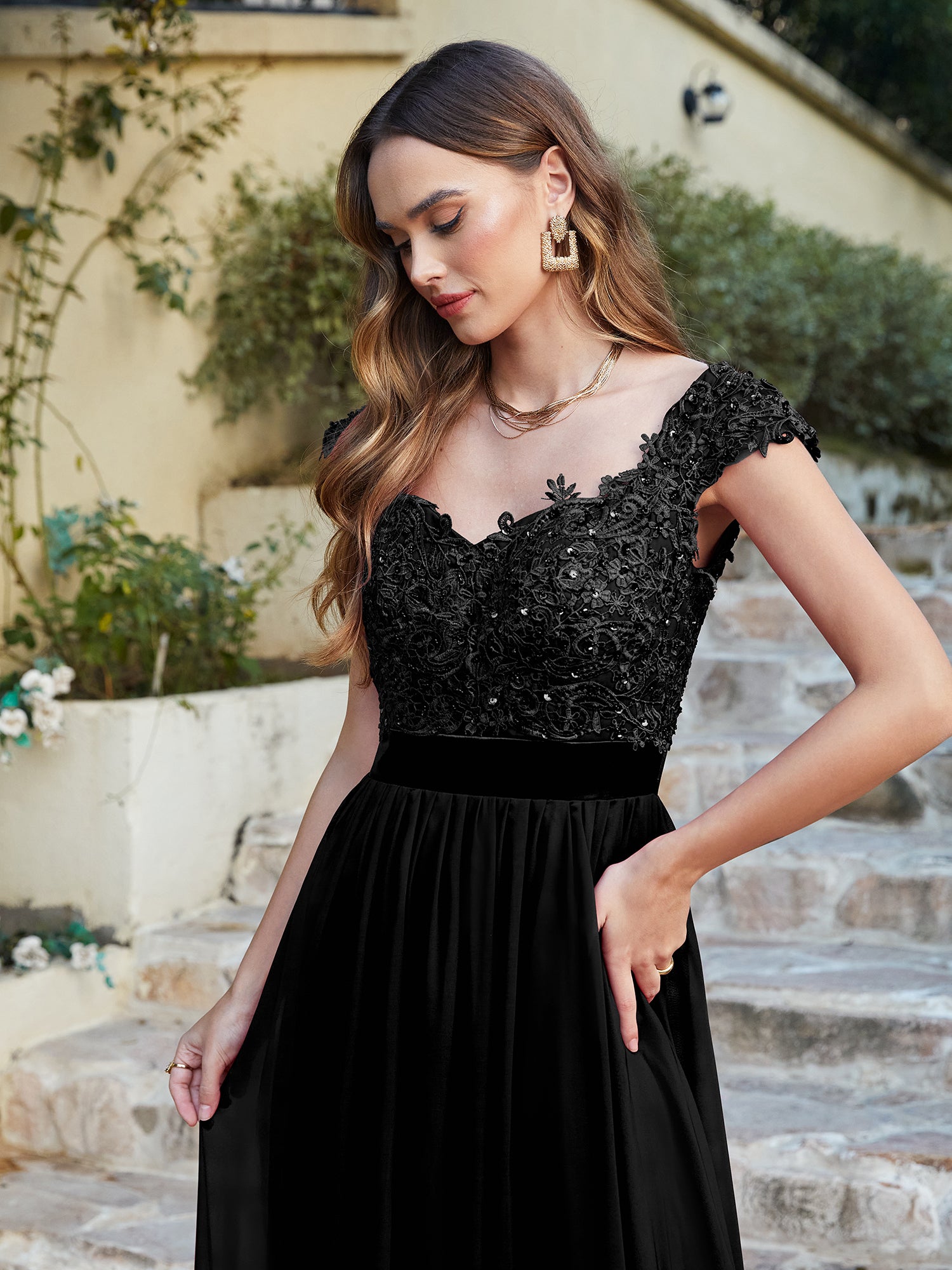 Black V-Neck A-Line Long Bridesmaid Dress with Lace Appliques Bodice Detail