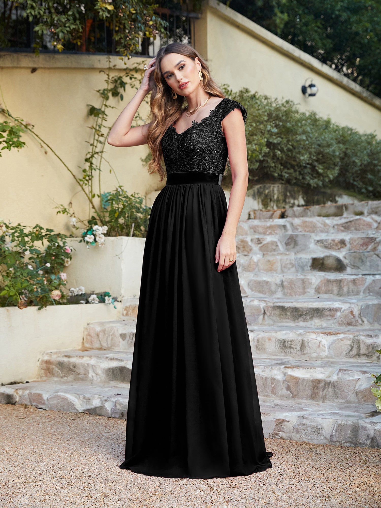 Black V-Neck A-Line Long Bridesmaid Dress with Lace Appliques
