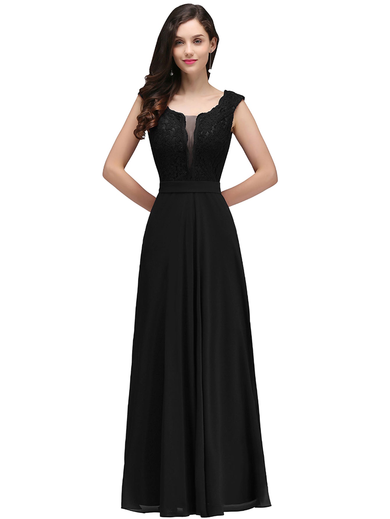 Black V-Neck Chiffon A-Line Long Bridesmaid Dress
