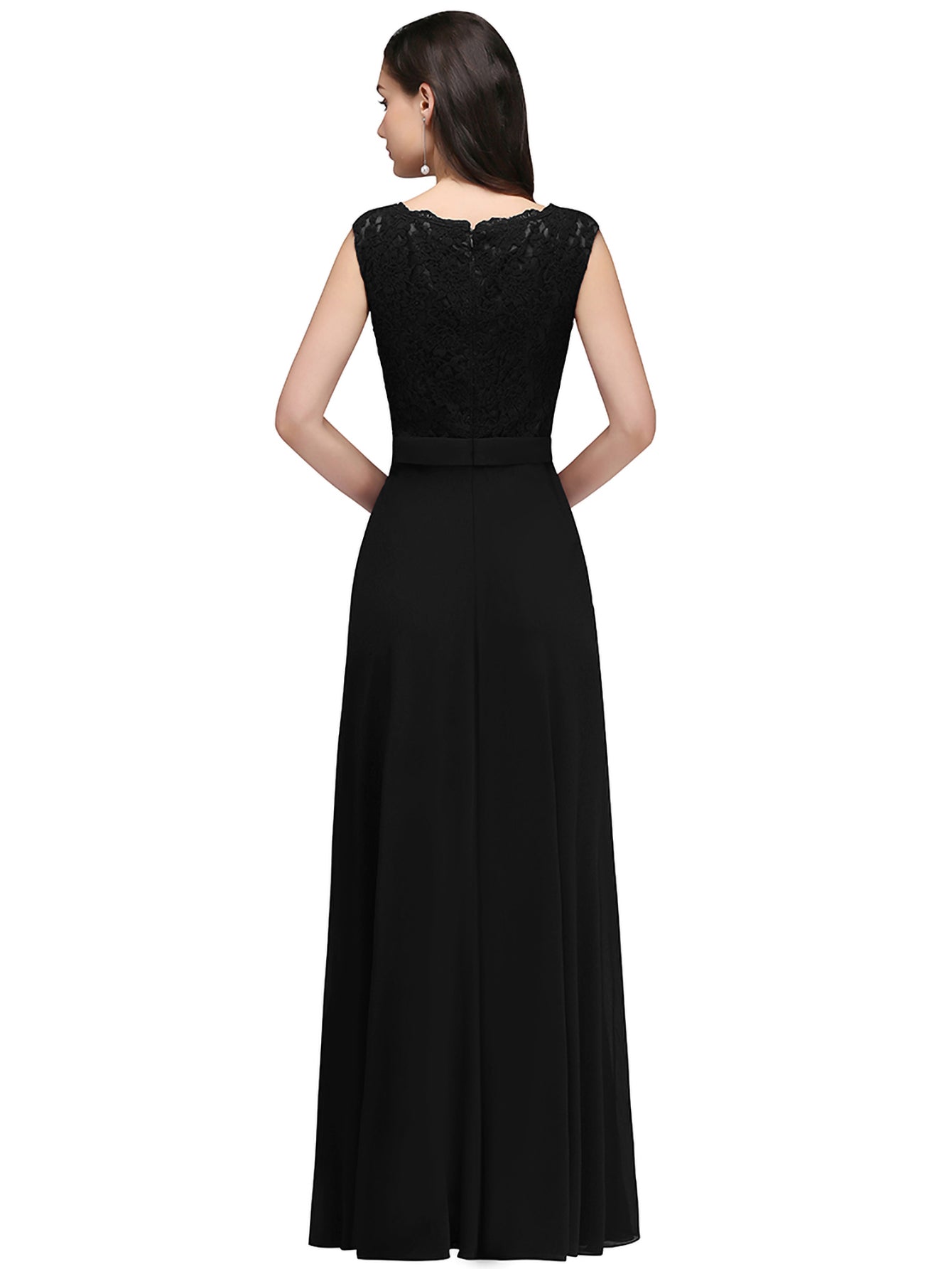 Black V-Neck Chiffon A-Line Long Bridesmaid Dress Back View