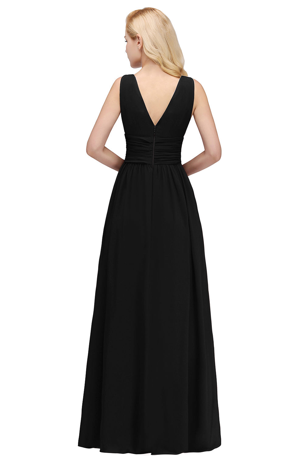 Black V-Neck Chiffon A-Line Long Bridesmaid Dress Back View