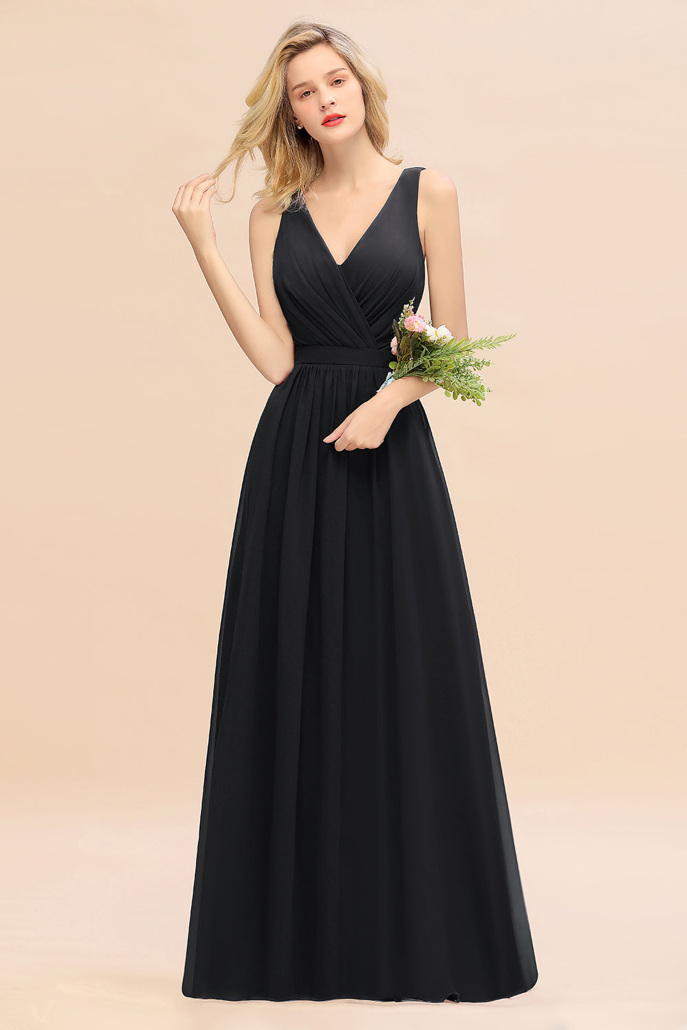 Black V-Neck Chiffon A-Line Long Bridesmaid Dress with Ruching