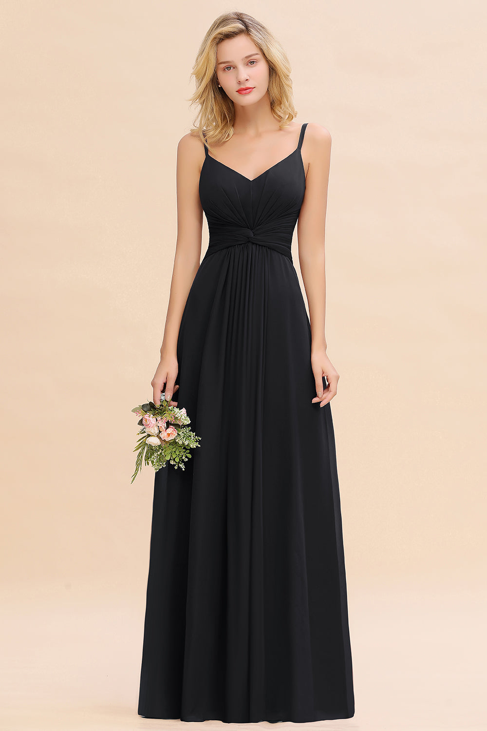 Black V-Neck Chiffon A-Line Long Bridesmaid Dress with Ruching