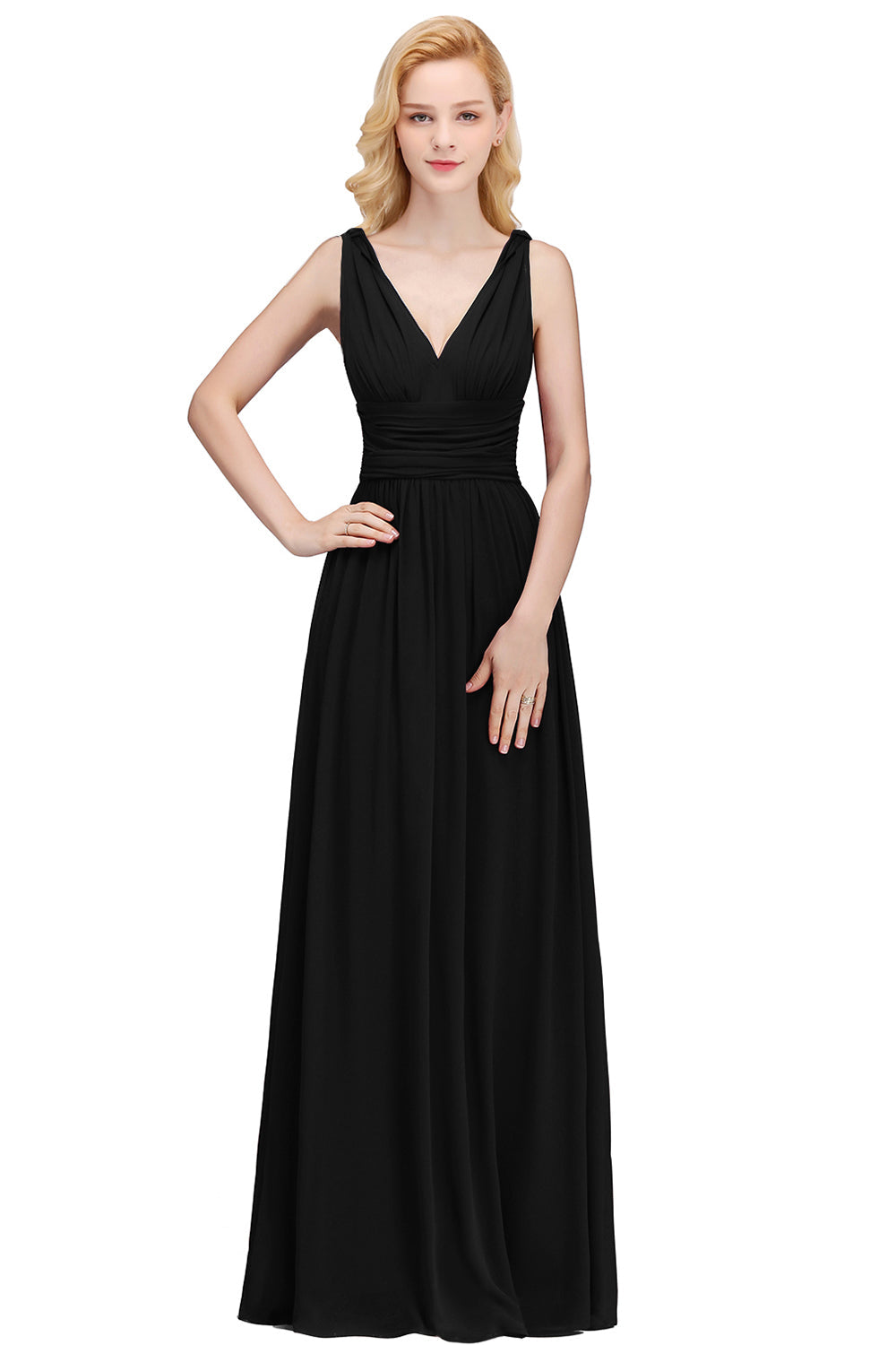 Black V-Neck Chiffon A-Line Long Bridesmaid Dress