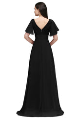 Black V-Neck Chiffon Empire Long Bridesmaid Dress Back View