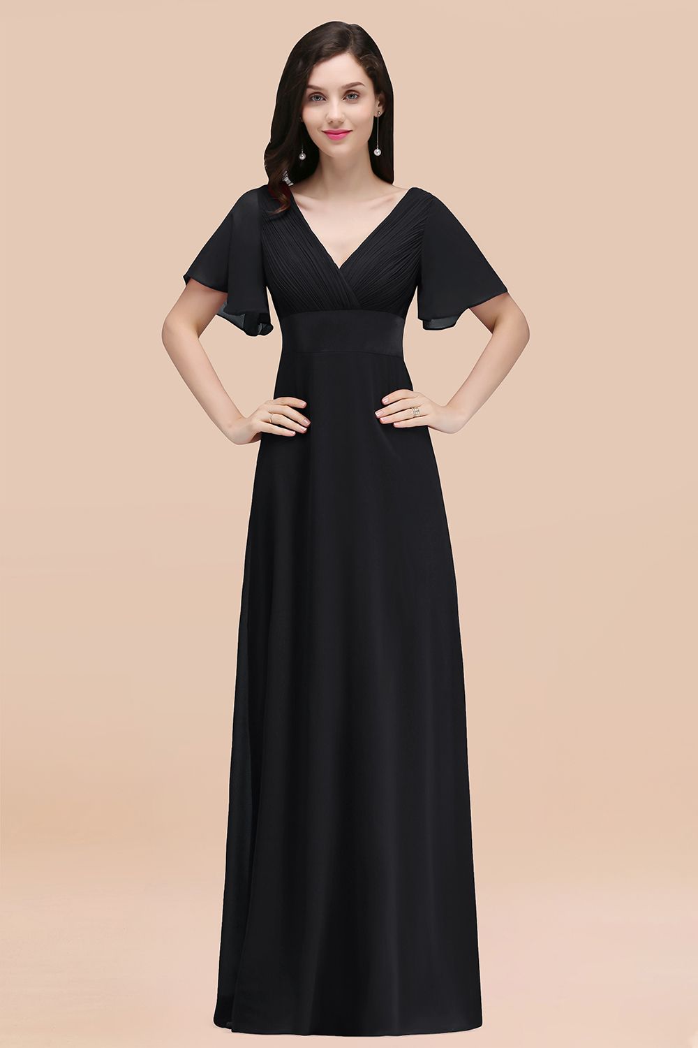 Black V-Neck Chiffon Empire Long Bridesmaid Dress with Pleats