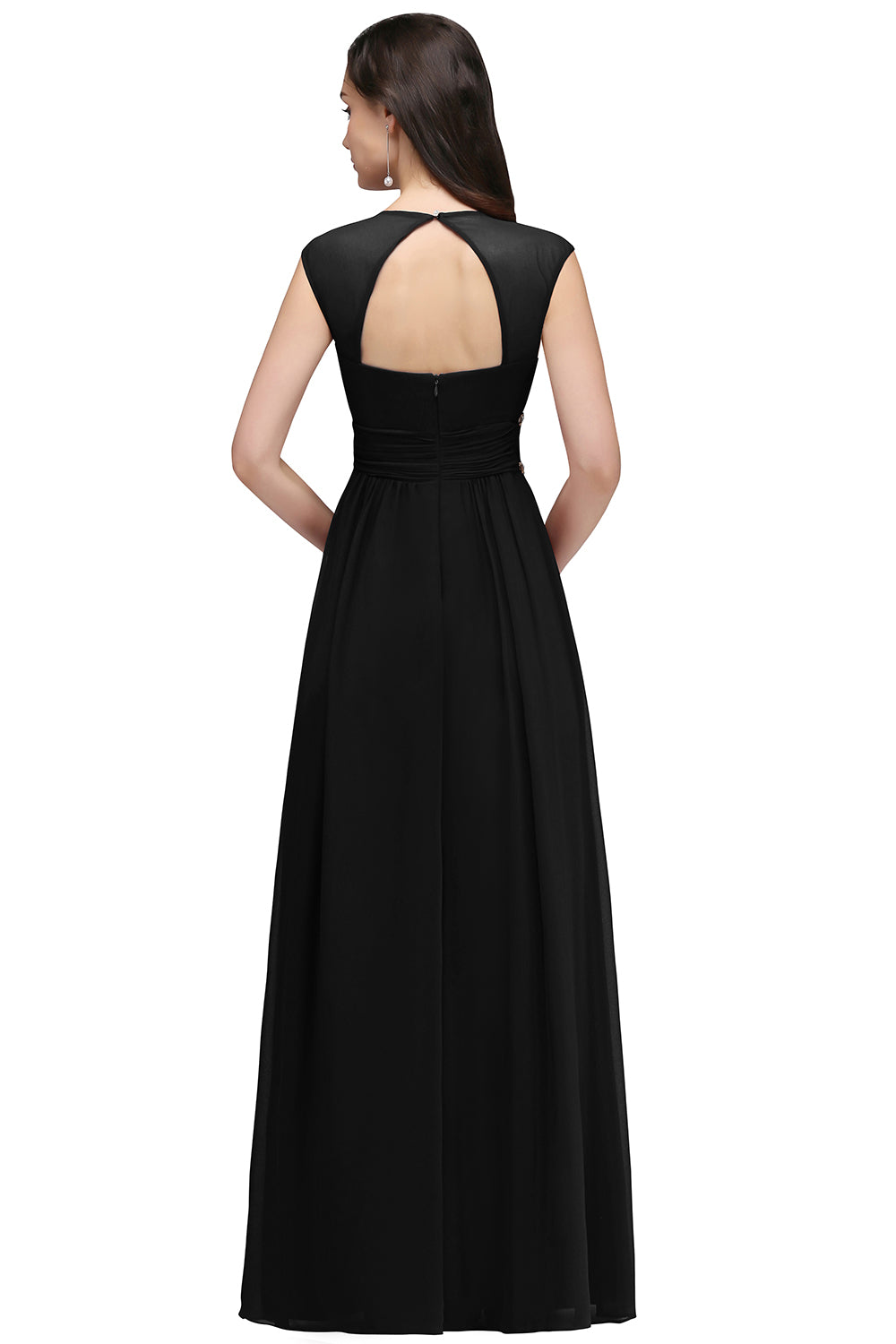 Black V-Neck Chiffon Empire Long Bridesmaid Dress with Rhinestones Back View
