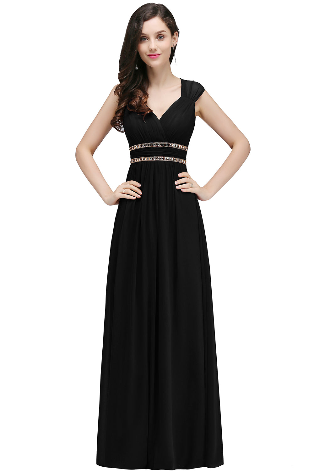 Black V-Neck Chiffon Empire Long Bridesmaid Dress with Rhinestones