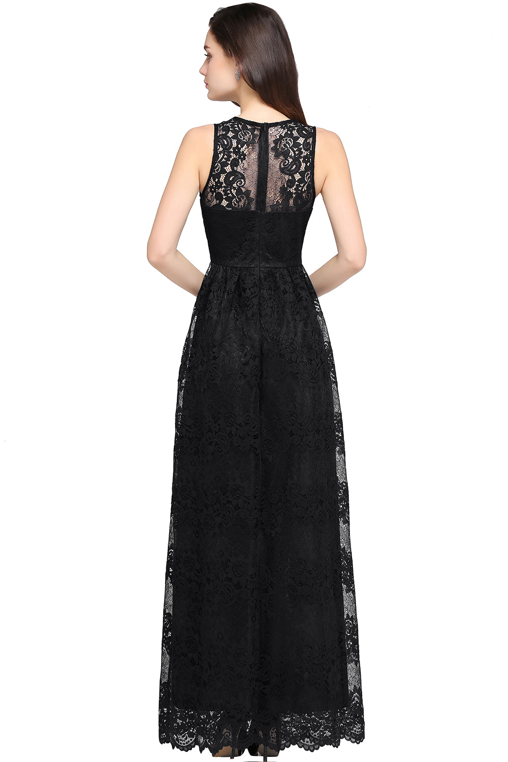 Black V-Neck Lace A-Line Long Bridesmaid Dress Back View