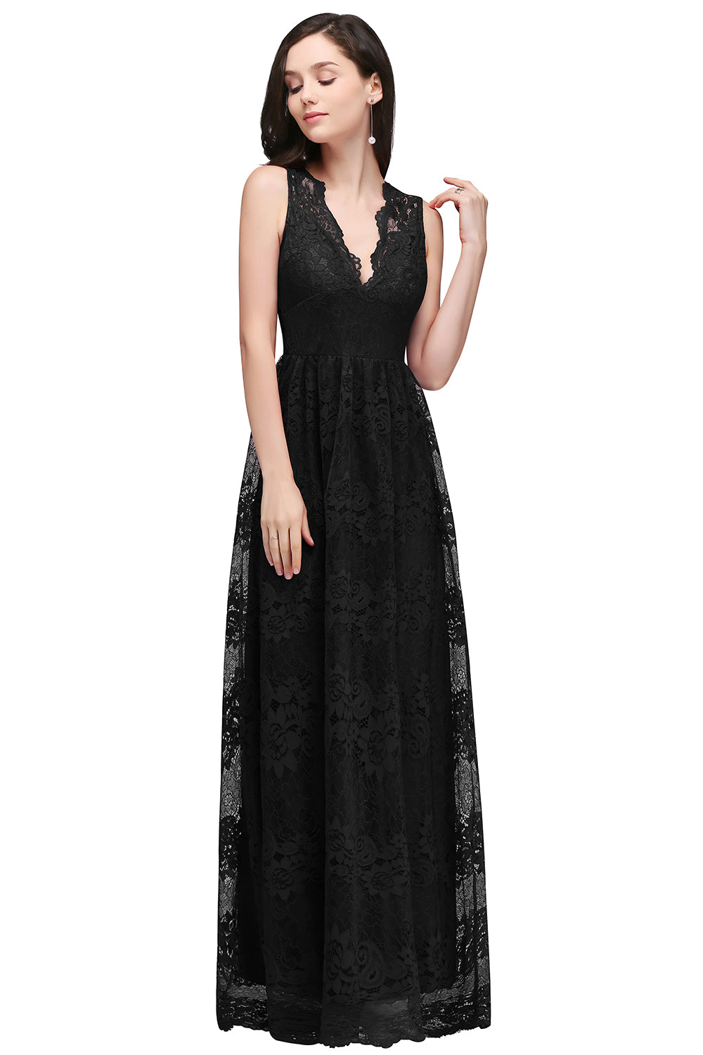 Black V-Neck Lace A-Line Long Bridesmaid Dress