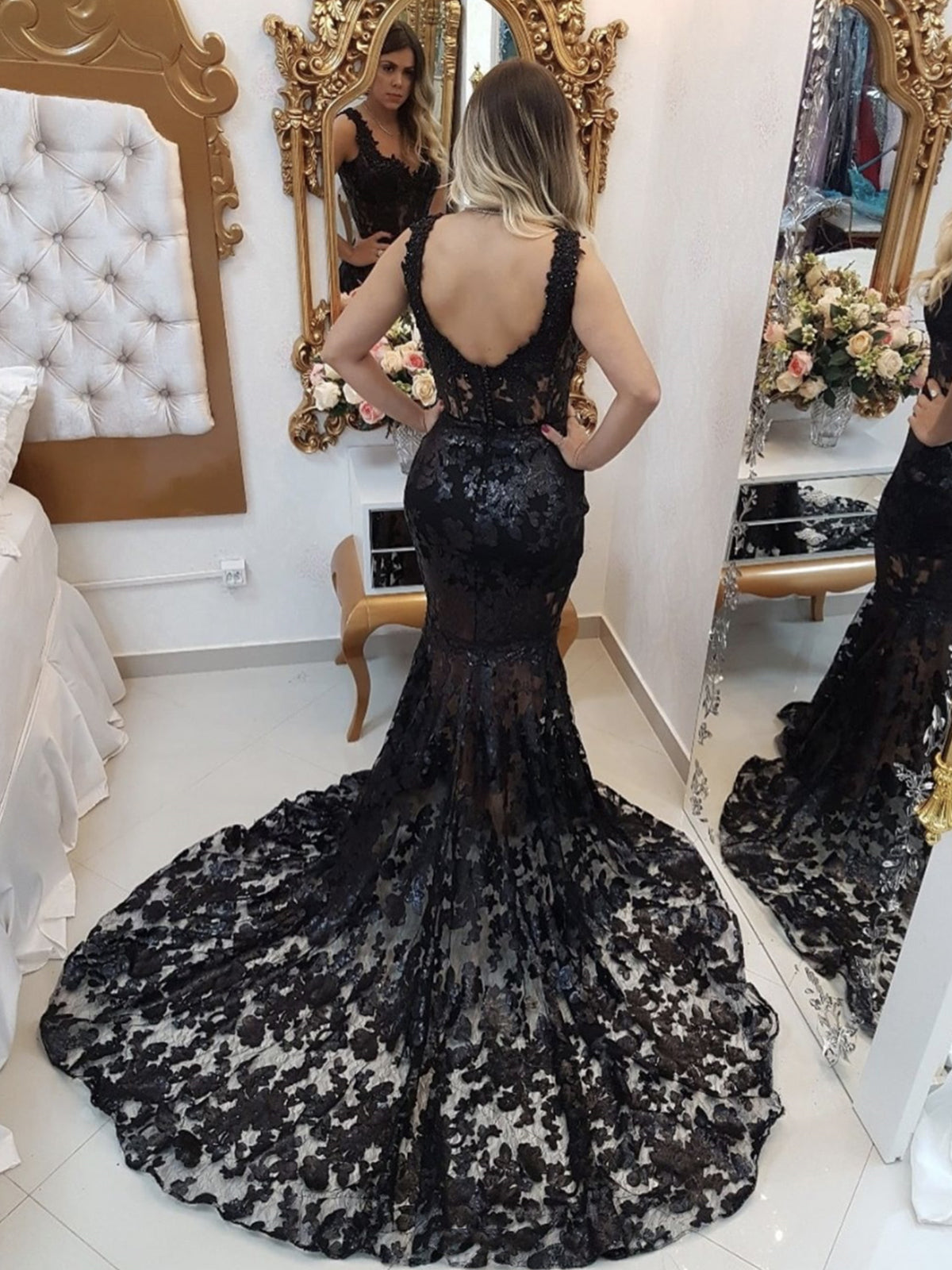 Black V-Neck Lace Mermaid Long Prom Dress with Lace Appliques Back View