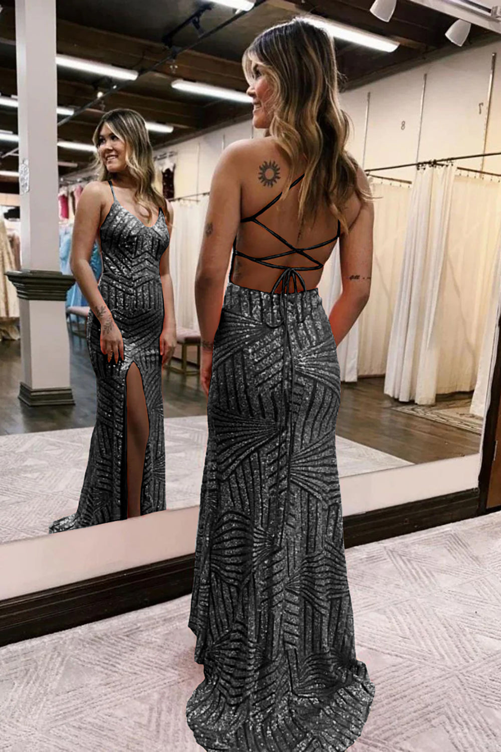 Black V-Neck Sequin Sheath Long Prom Dress with Slit Back View