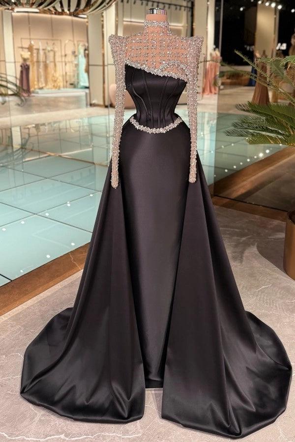 27Dress Black Long Sleeves Satin A Line Evening Dress with Rhinestones