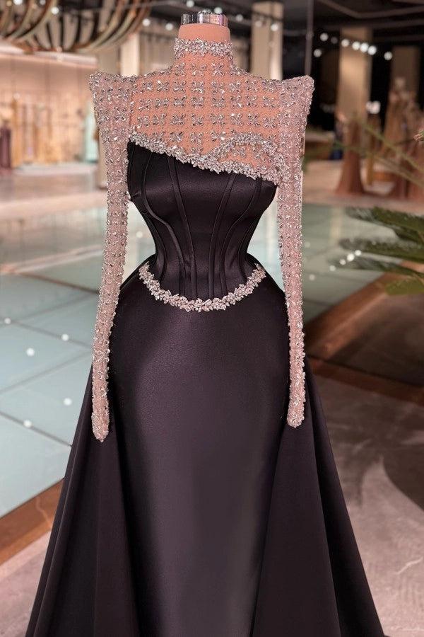 27Dress Black Long Sleeves Satin A Line Evening Dress with Rhinestones