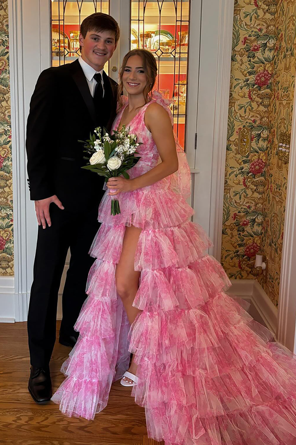 Blue Floral Printed V-neck A-Line Ruffled Long Prom Dress with Slit