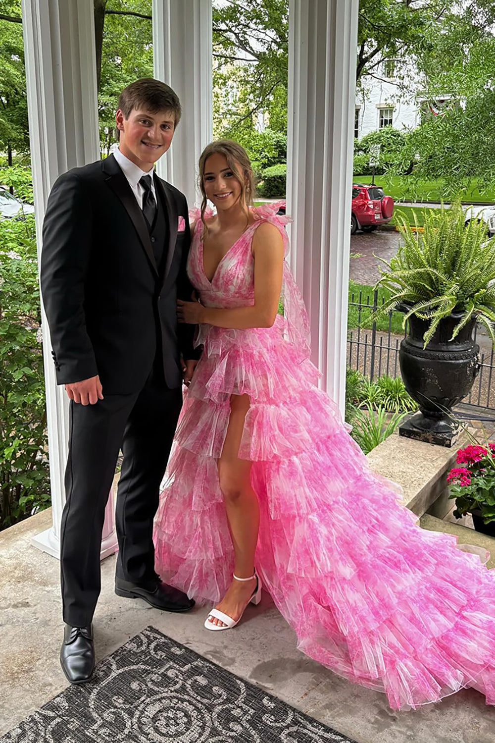 Blue Floral Printed V-neck A-Line Ruffled Long Prom Dress with Slit